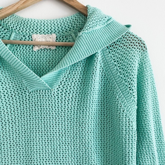 Turquoise Open-Knit Crochet Hoodie by Shirt 469, Size Medium, Linen Cotton Blend - Picture 4 of 11